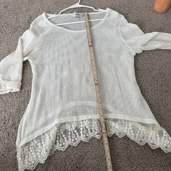 LeModa Knit Sweater Top White Beach Mesh Lace Trim Y2K Boho Fairy Vacation Large - Picture 7 of 9